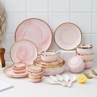 北欧风大理石纹粉金边碗碟套装家用陶瓷碗餐具勺饺子盘西餐盘